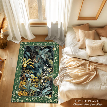 May include: A green and yellow floral rug with a border of green vines and white flowers. The rug features a variety of tropical plants and flowers, including palm leaves, ferns, and orchids. The rug is made of high-quality materials and is perfect for adding a touch of nature to any room.