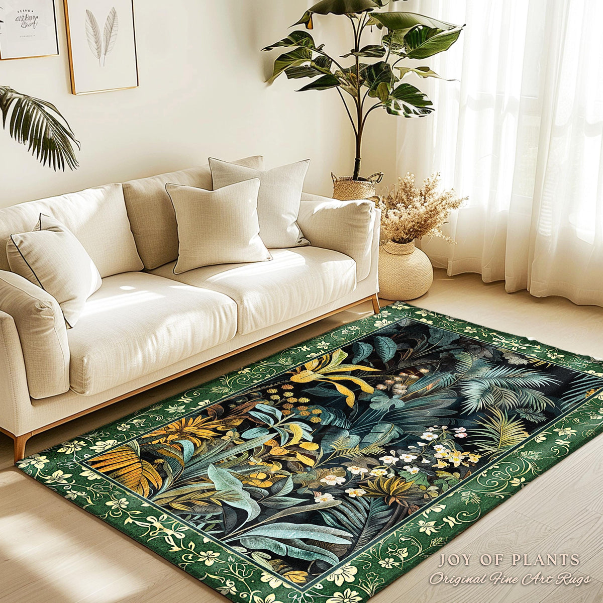 Jungle Leaves Botanical Area Rug | Tropical Jungle Nature Lover Book Nook Cozy Plant Lover Boho Bedroom Decor Elegant Family Room Floor Rug