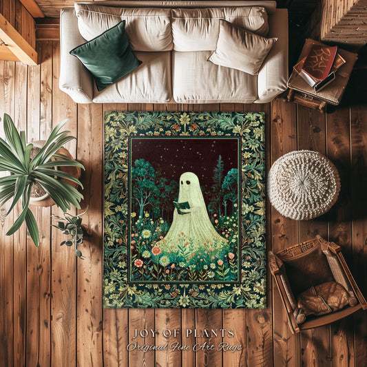 Haunted Book Ghost Accent Rug | Gothic Woven Spooky Cute Decor Halloween Aesthetic Cozy Reading Nook Forest Spirit Botanical Ethereal Style