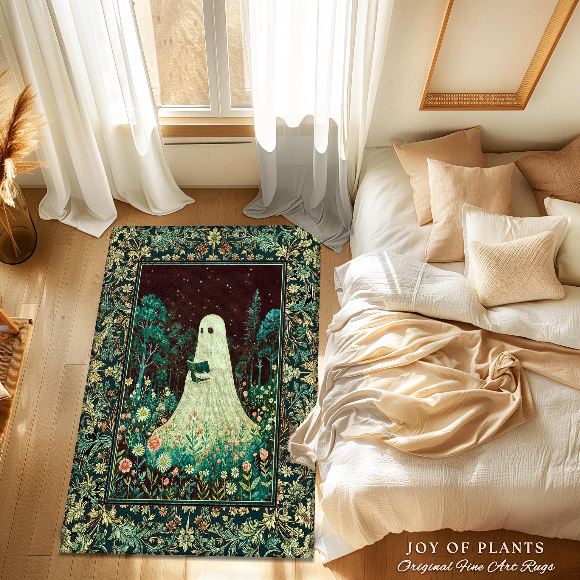 Haunted Book Ghost Accent Rug | Gothic Woven Spooky Cute Decor Halloween Aesthetic Cozy Reading Nook Forest Spirit Botanical Ethereal Style