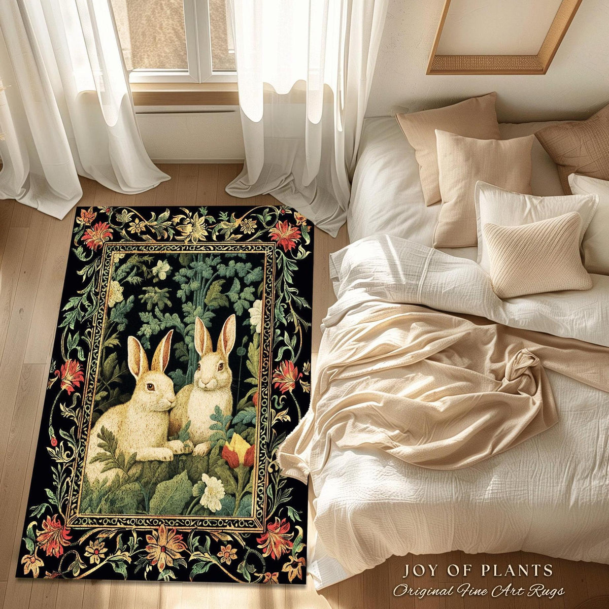Bunny Rabbit Floral Rug | Botanical Bedroom Decor William Morris Inspired Cottagecore Room Light Academia Style Rug Mystical Home Accent
