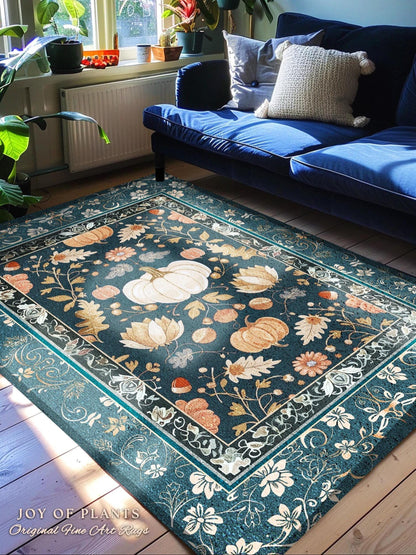 Floral Teal Art Nouveau Pumpkin Rug Rustic Botanical Decor | Whimsical Pumpkin Rug Boho Eclectic Unique Coquette Decor Cozy Fall Fairycore