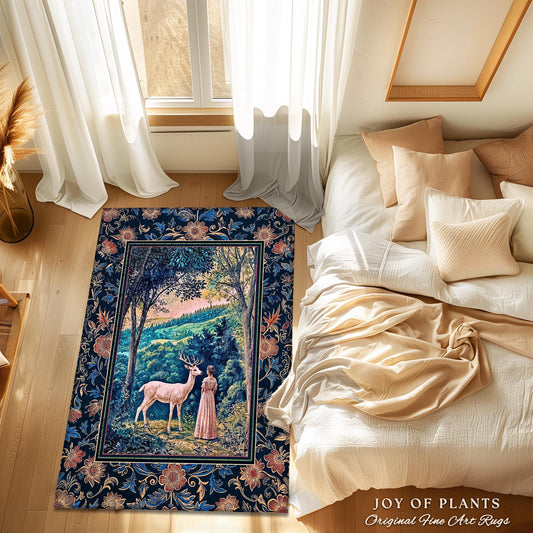May include: A blue and gold rug with a floral border and a central image of a white deer and a woman in a pink dress standing in a forest. The rug is made of high-quality materials and features intricate details. "JOY OF PLANTS Original Fine Art Rugs" is printed in the bottom right corner.