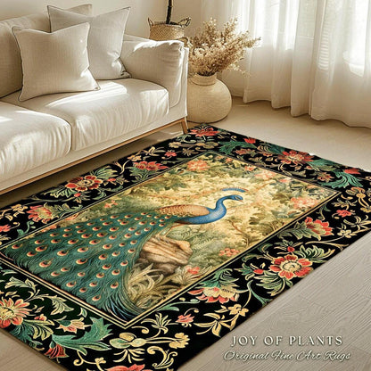 Maximalist Peacock Rug | Botanical Bedroom Decor William Morris Inspired Cottagecore Room Dark Academia Style Rug Mystical Crowcore Art