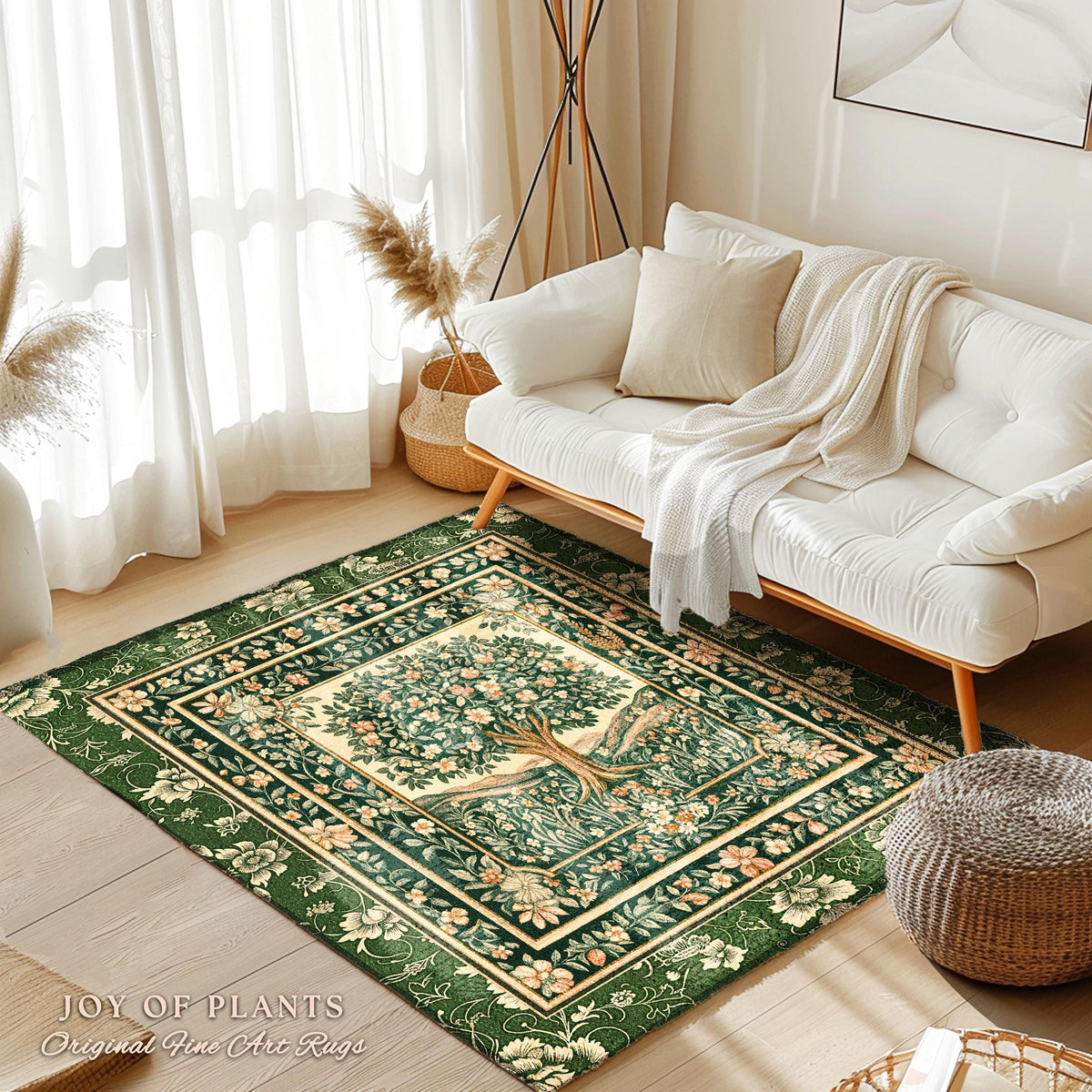 Enchanted Garden Folklore Tree Rug | Emerald Green Botanical Coquette Accent Rug Floral Accent Forest Theme Rug Folklore Design Cottagecore
