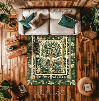 Enchanted Garden Folklore Tree Rug | Emerald Green Botanical Coquette Accent Rug Floral Accent Forest Theme Rug Folklore Design Cottagecore