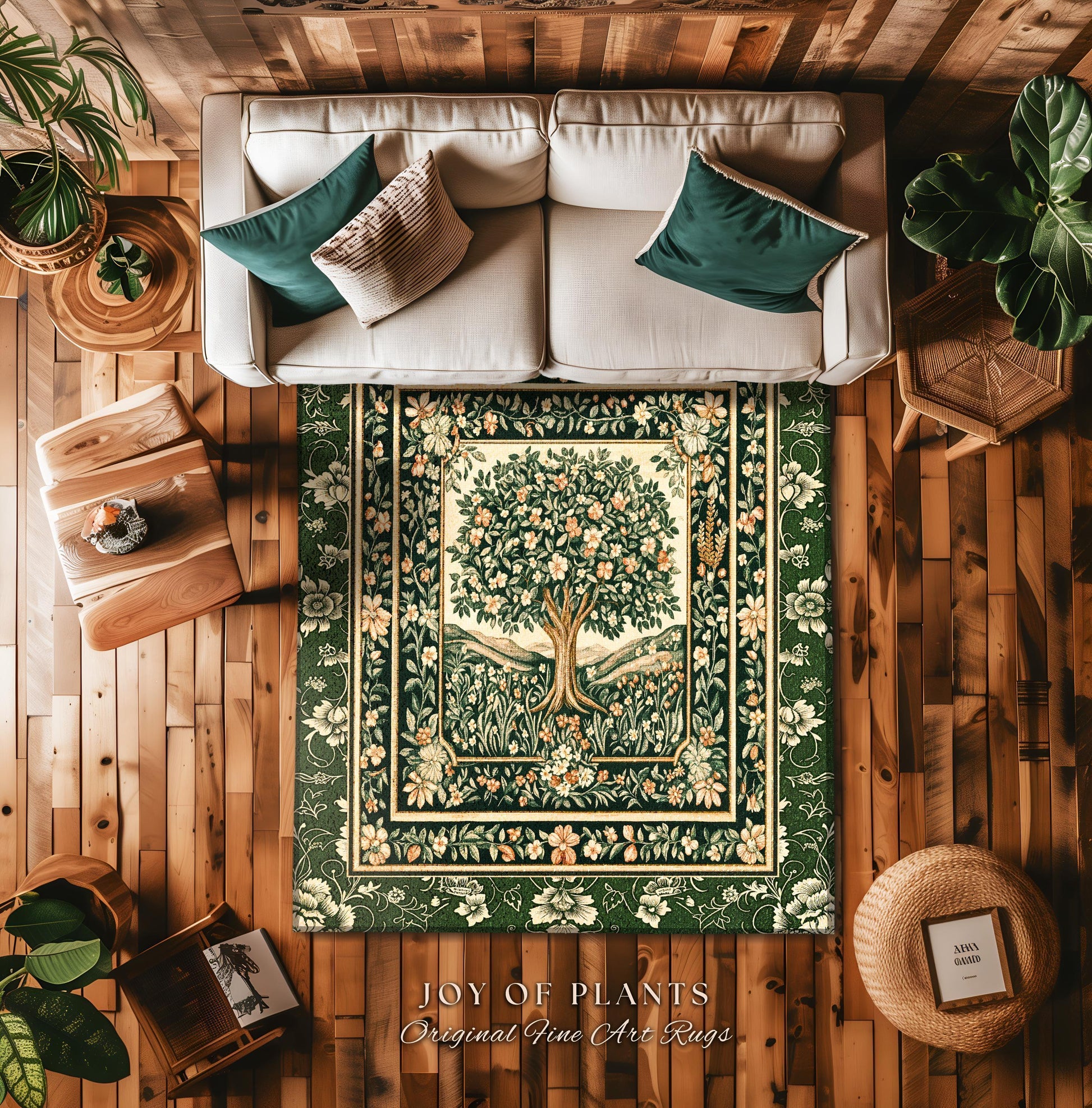 Enchanted Garden Folklore Tree Rug | Emerald Green Botanical Coquette Accent Rug Floral Accent Forest Theme Rug Folklore Design Cottagecore