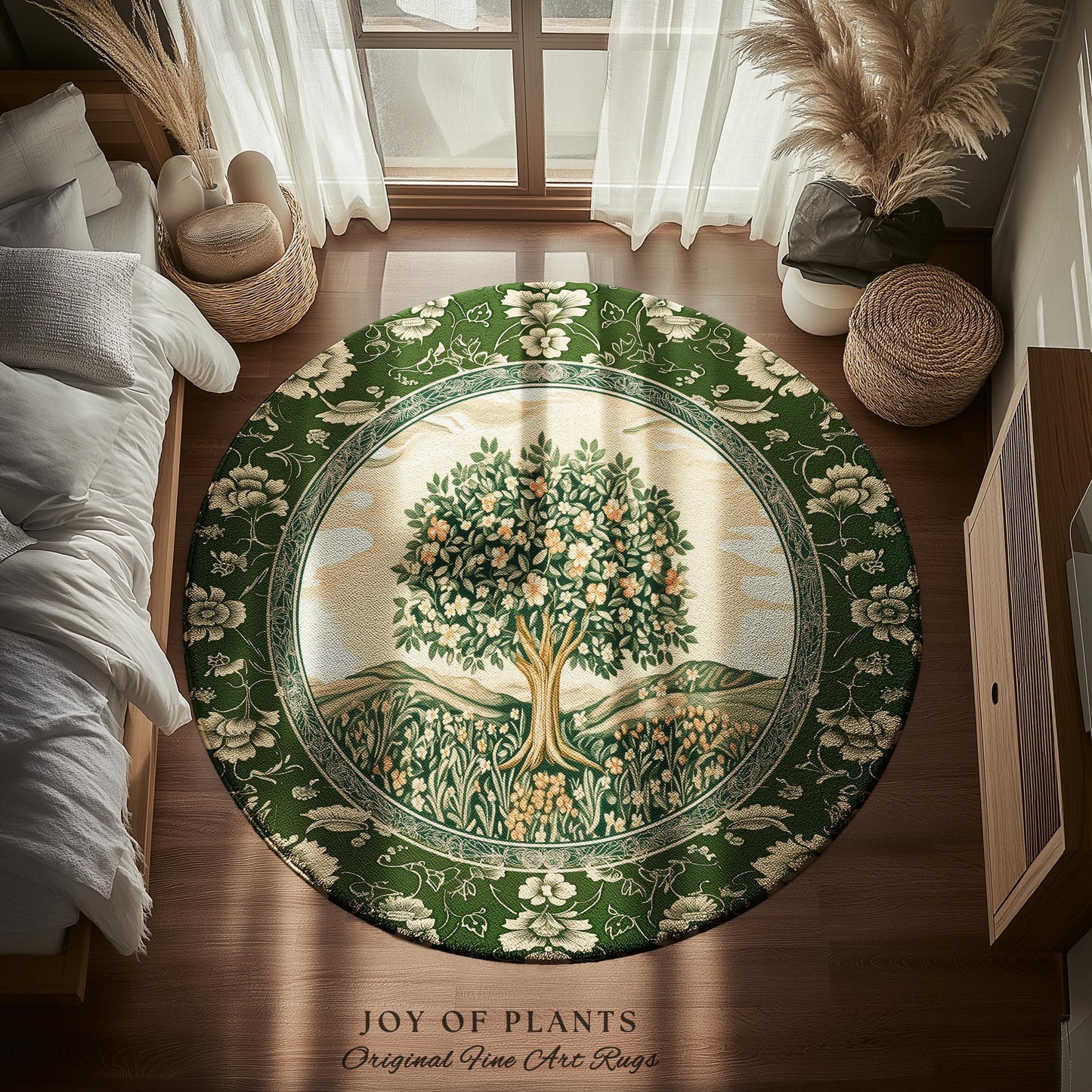 Enchanted Garden Folklore Tree Rug | Emerald Green Botanical Coquette Accent Rug Floral Accent Forest Theme Rug Folklore Design Cottagecore