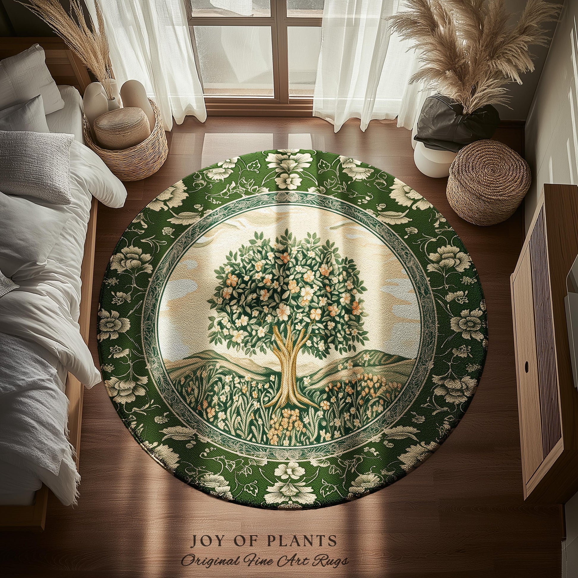 Enchanted Garden Folklore Tree Rug | Emerald Green Botanical Coquette Accent Rug Floral Accent Forest Theme Rug Folklore Design Cottagecore