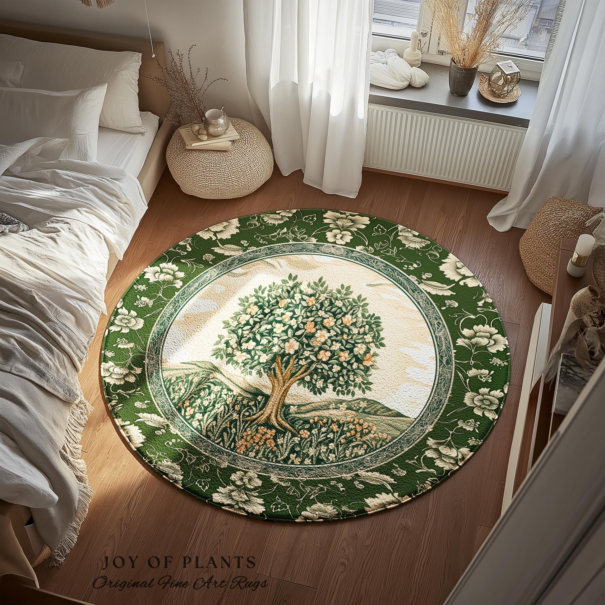 Enchanted Garden Folklore Tree Rug | Emerald Green Botanical Coquette Accent Rug Floral Accent Forest Theme Rug Folklore Design Cottagecore
