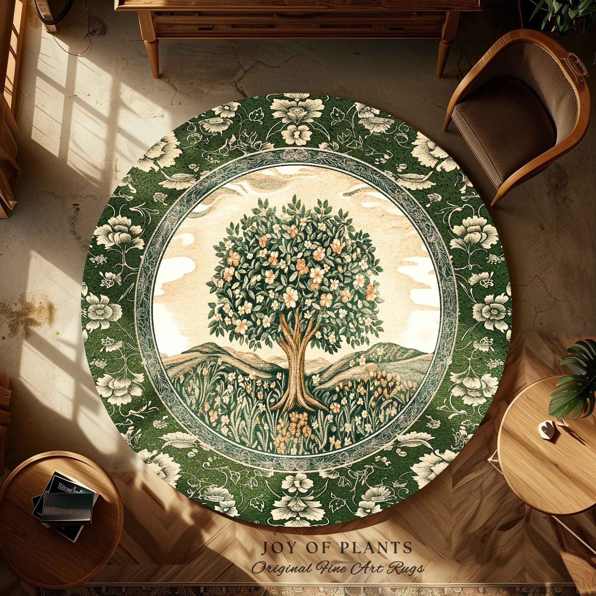 Enchanted Garden Folklore Tree Rug | Emerald Green Botanical Coquette Accent Rug Floral Accent Forest Theme Rug Folklore Design Cottagecore