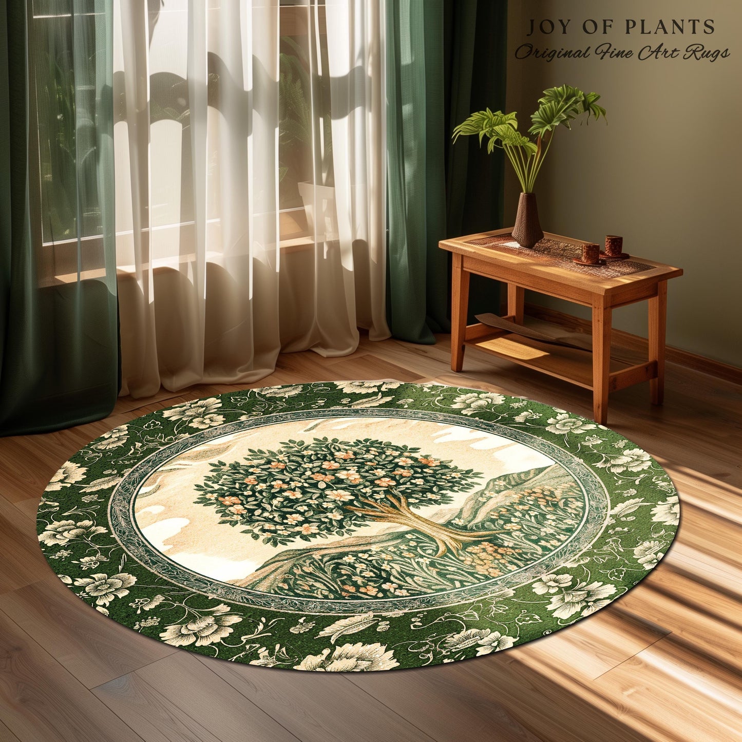 Enchanted Garden Folklore Tree Rug | Emerald Green Botanical Coquette Accent Rug Floral Accent Forest Theme Rug Folklore Design Cottagecore