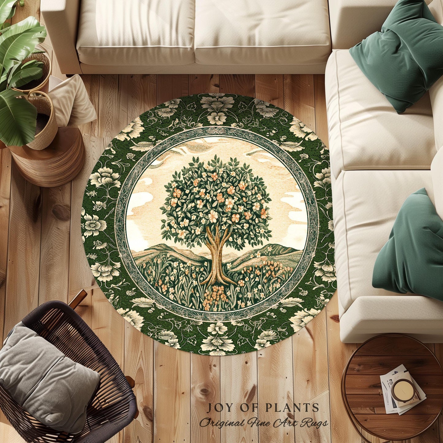 Enchanted Garden Folklore Tree Rug | Emerald Green Botanical Coquette Accent Rug Floral Accent Forest Theme Rug Folklore Design Cottagecore