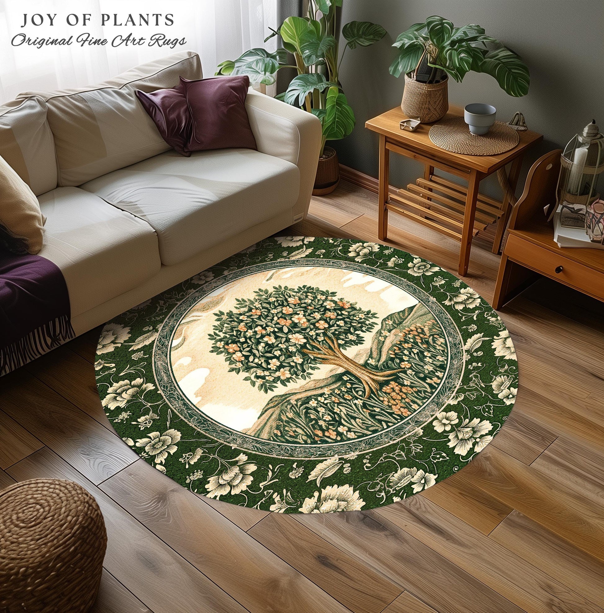 Enchanted Garden Folklore Tree Rug | Emerald Green Botanical Coquette Accent Rug Floral Accent Forest Theme Rug Folklore Design Cottagecore