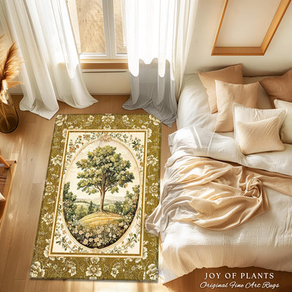 French Countryside Botanical Tree Rug | Victorian Garden Accent Romantic Country Decor Floral Pastoral Scene Antique Style Cottage Aesthetic