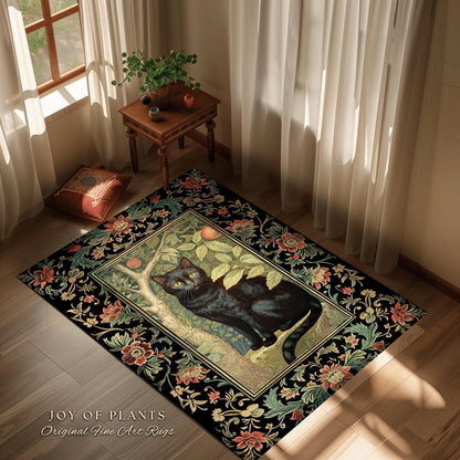 Dark Woodland Vintage Aesthetic Mystical Black Cat Rug | Whimsigoth Cottagecore Cat Lover Decor Forestcore Morris Inspired Dark Academia Rug