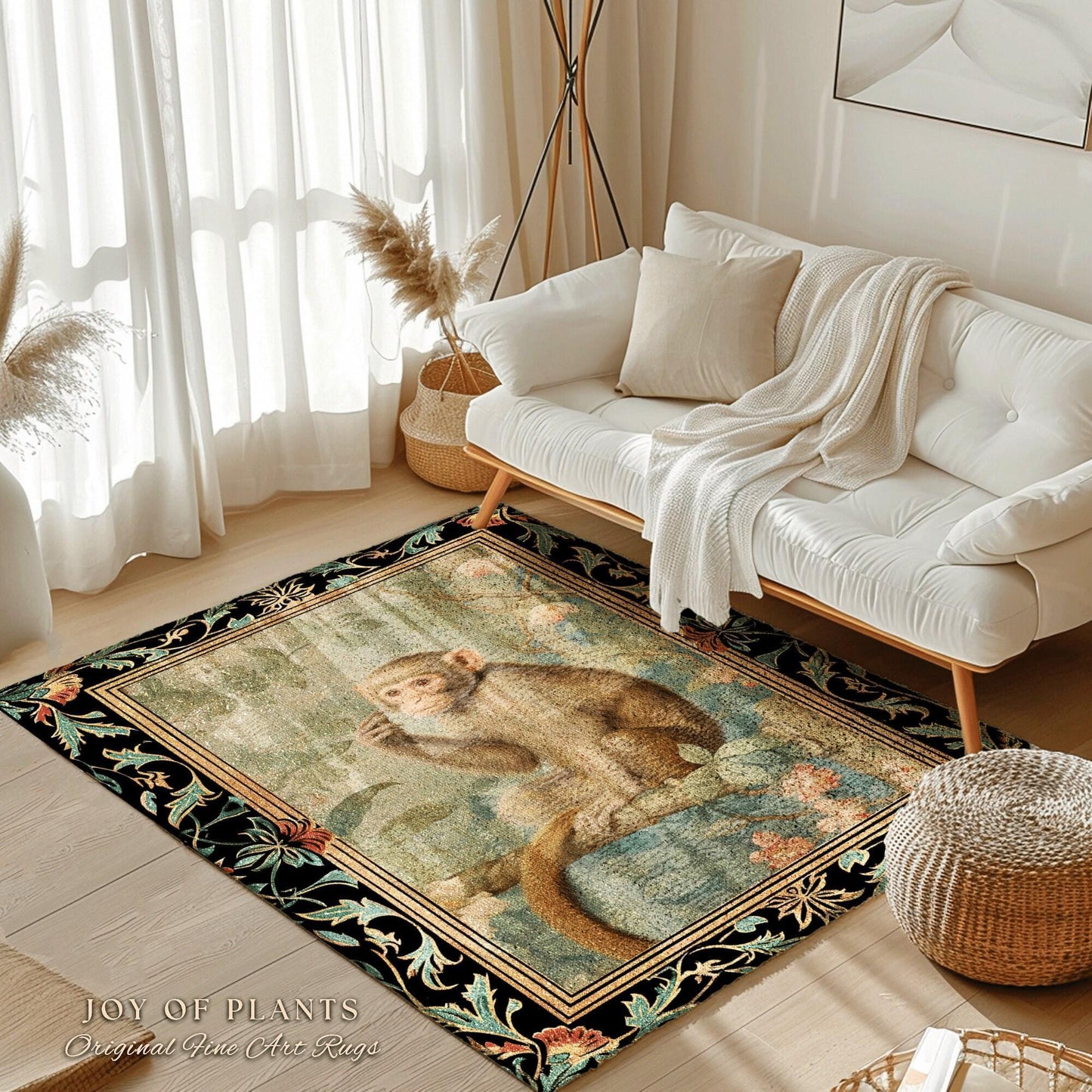 Botanical Monkey Round Rug Forestcore Morris Inspired Cottagecore Room, Light Academia Mystical Monkey Victorian Aesthetic Decorative Decor