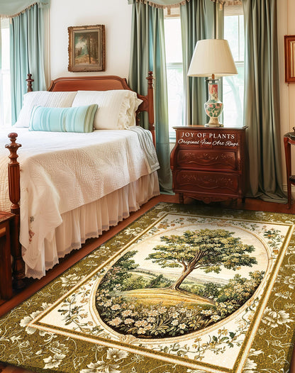French Countryside Botanical Tree Rug | Victorian Garden Accent Romantic Country Decor Floral Pastoral Scene Antique Style Cottage Aesthetic