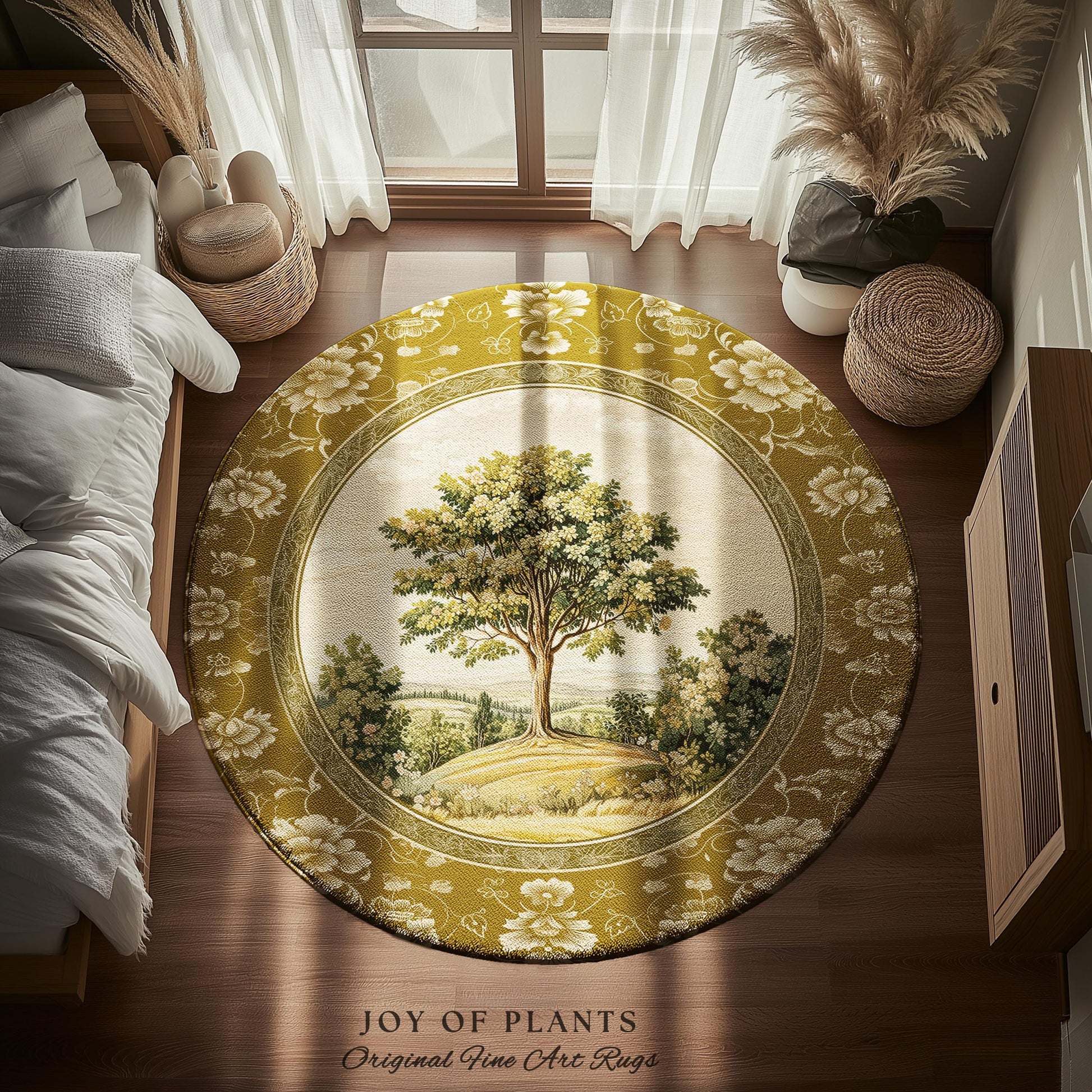 French Countryside Botanical Tree Rug | Victorian Garden Accent Romantic Country Decor Floral Pastoral Scene Antique Style Cottage Aesthetic