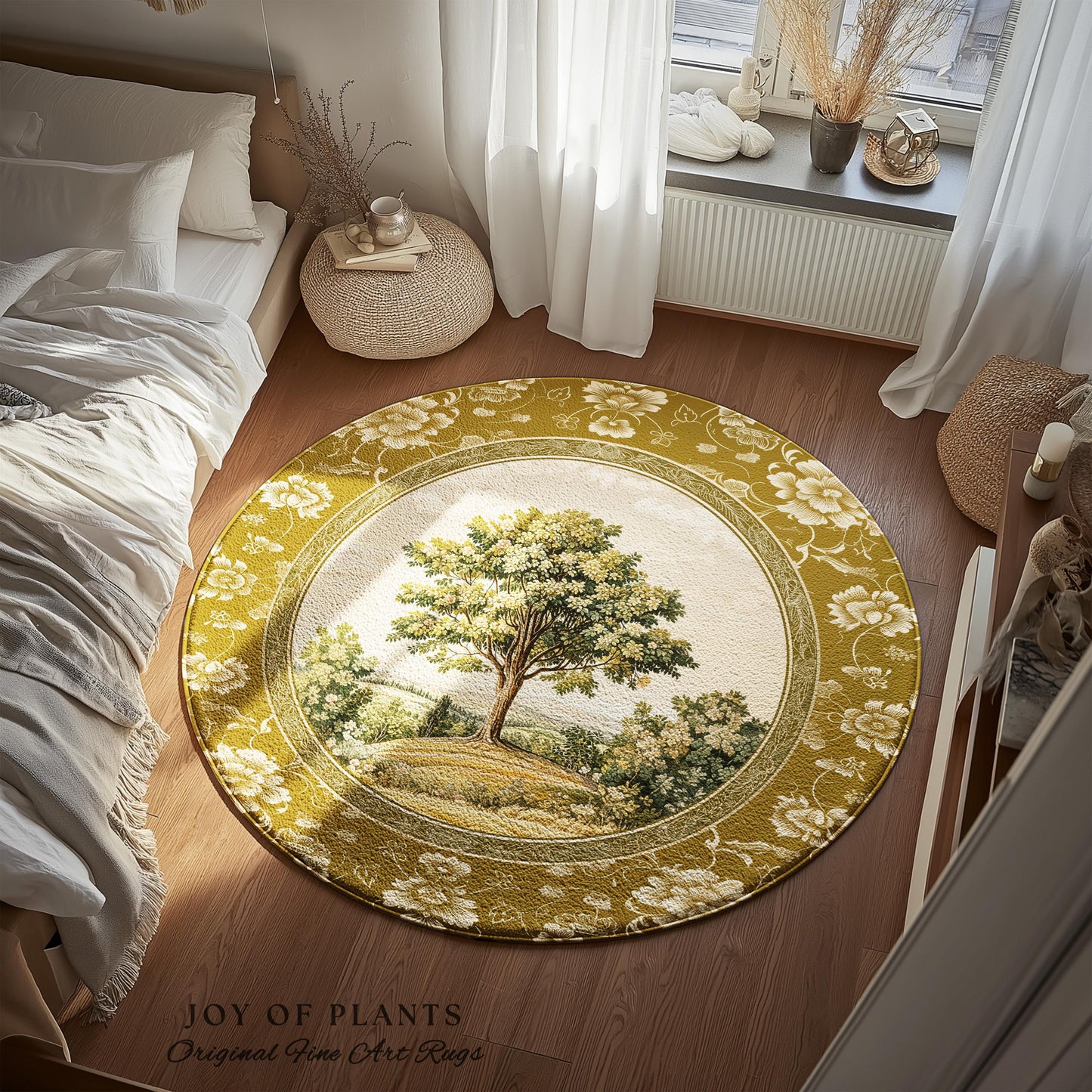 French Countryside Botanical Tree Rug | Victorian Garden Accent Romantic Country Decor Floral Pastoral Scene Antique Style Cottage Aesthetic