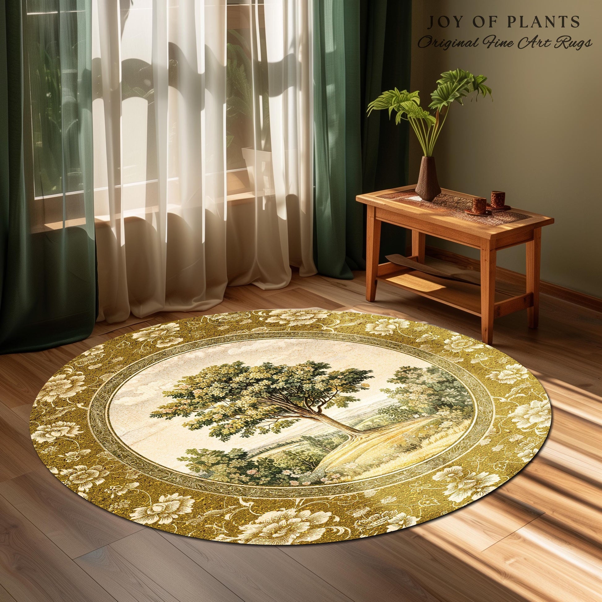 French Countryside Botanical Tree Rug | Victorian Garden Accent Romantic Country Decor Floral Pastoral Scene Antique Style Cottage Aesthetic