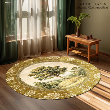 French Countryside Botanical Tree Rug | Victorian Garden Accent Romantic Country Decor Floral Pastoral Scene Antique Style Cottage Aesthetic