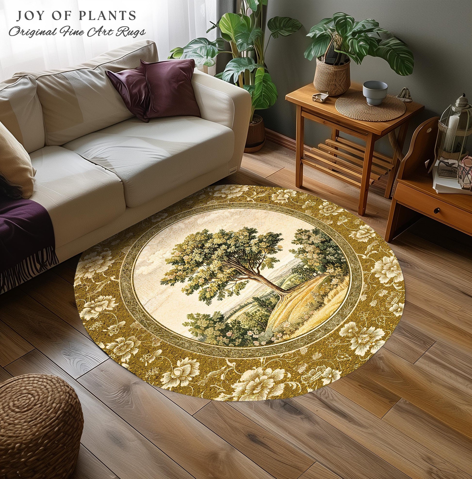 French Countryside Botanical Tree Rug | Victorian Garden Accent Romantic Country Decor Floral Pastoral Scene Antique Style Cottage Aesthetic