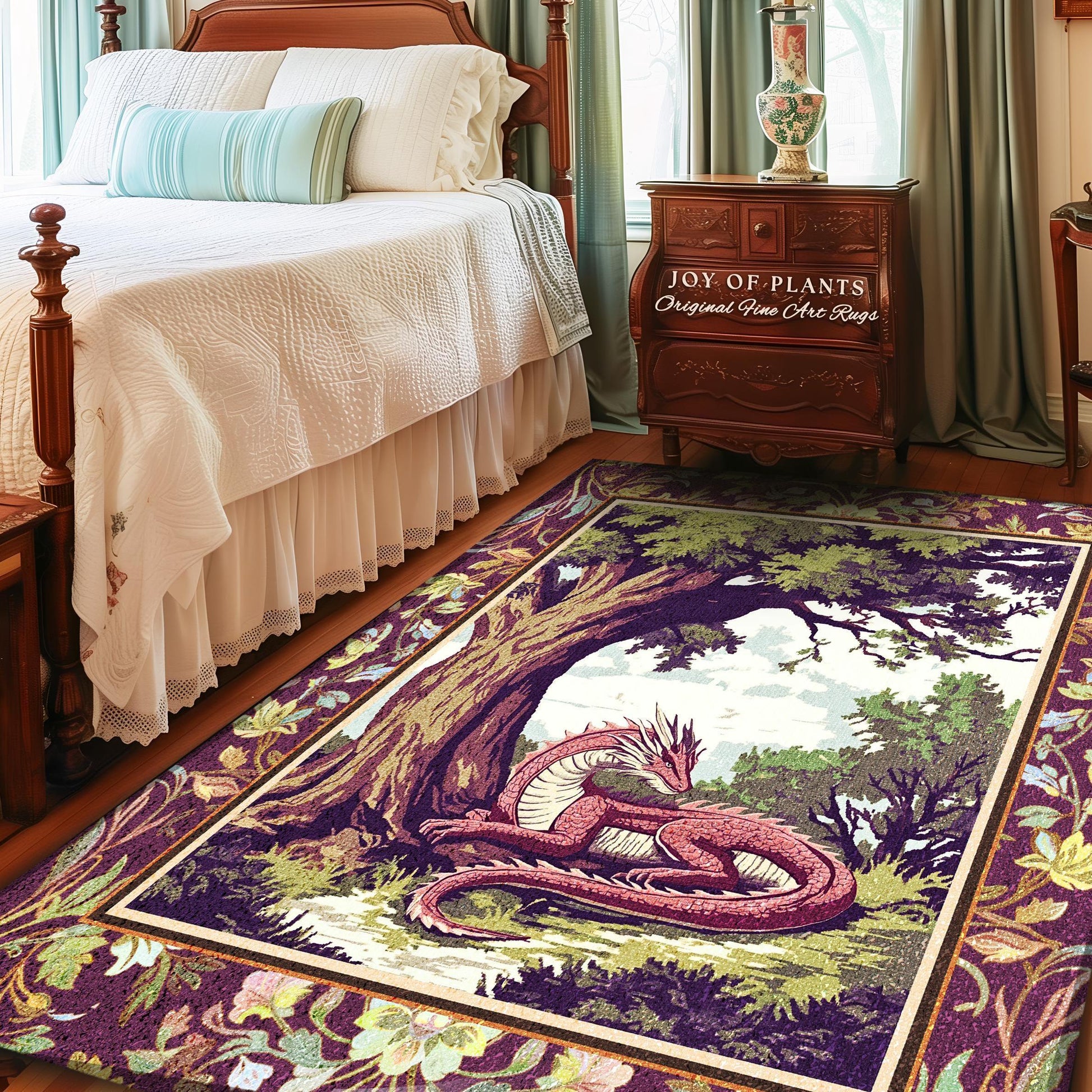 May include: A purple and green tapestry rug with a pink dragon curled under a tree. The rug has a floral border and the text "JOY OF PLANTS Original Fine Art Rugs" is visible in the upper right corner.