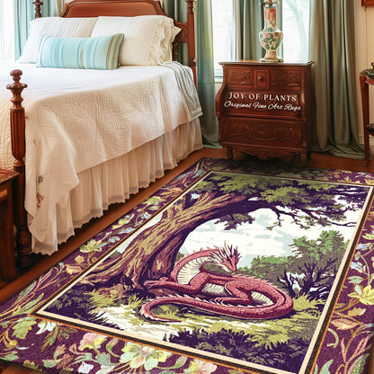 May include: A purple and green tapestry rug with a pink dragon curled under a tree. The rug has a floral border and the text "JOY OF PLANTS Original Fine Art Rugs" is visible in the upper right corner.