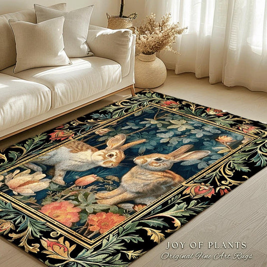 Cottagecore Bunnies Floral Rug | Botanical Bedroom Decor William Morris Inspired Cottagecore Room Light Academia Style Rug Mystical Home