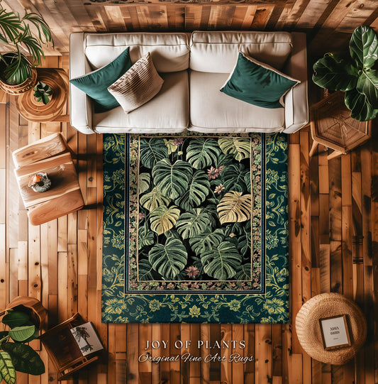 Rich Shades of Green Monstera Rug | Bohemian Botanical Plant Lover Bedroom Home Accent Colorful Room Decor Botanical Statement Rug Foliage