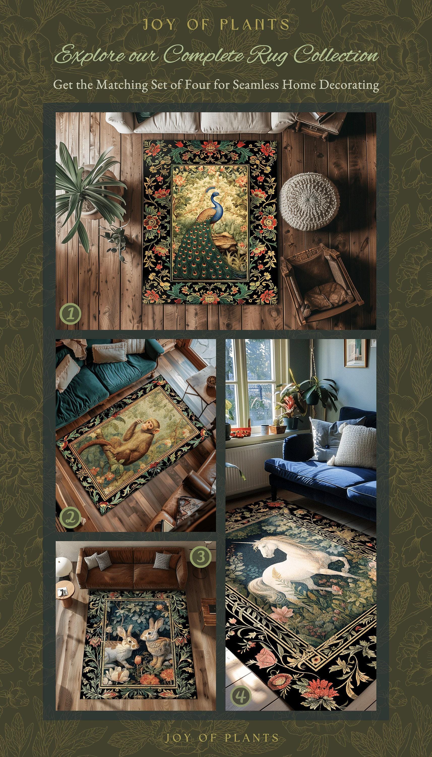 Folk Art Unicorn Area Rug | Princesscore Bedroom Decor William Morris Inspired Cottagecore Room Light Academia Style Rug Mystical Folklore