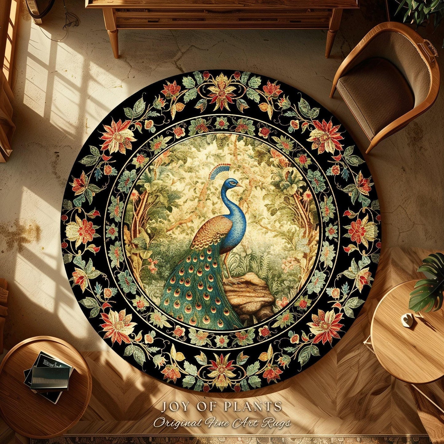 Botanical Bedroom Decor Round Peacock Rug Morris Inspired Cottagecore Room Light Academia Style Mystical Bird Art | Maximalist Peacock Rug