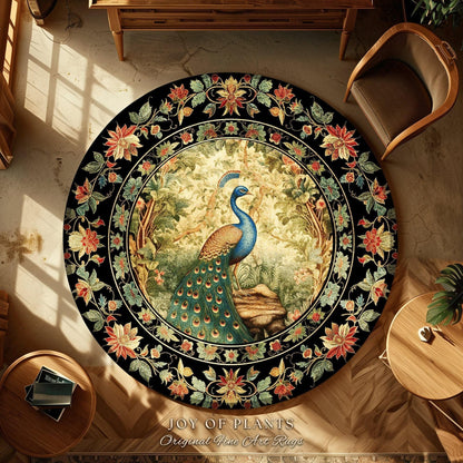 Botanical Bedroom Decor Round Peacock Rug Morris Inspired Cottagecore Room Light Academia Style Mystical Bird Art | Maximalist Peacock Rug