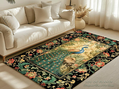 Botanical Bedroom Decor Round Peacock Rug Morris Inspired Cottagecore Room Light Academia Style Mystical Bird Art | Maximalist Peacock Rug