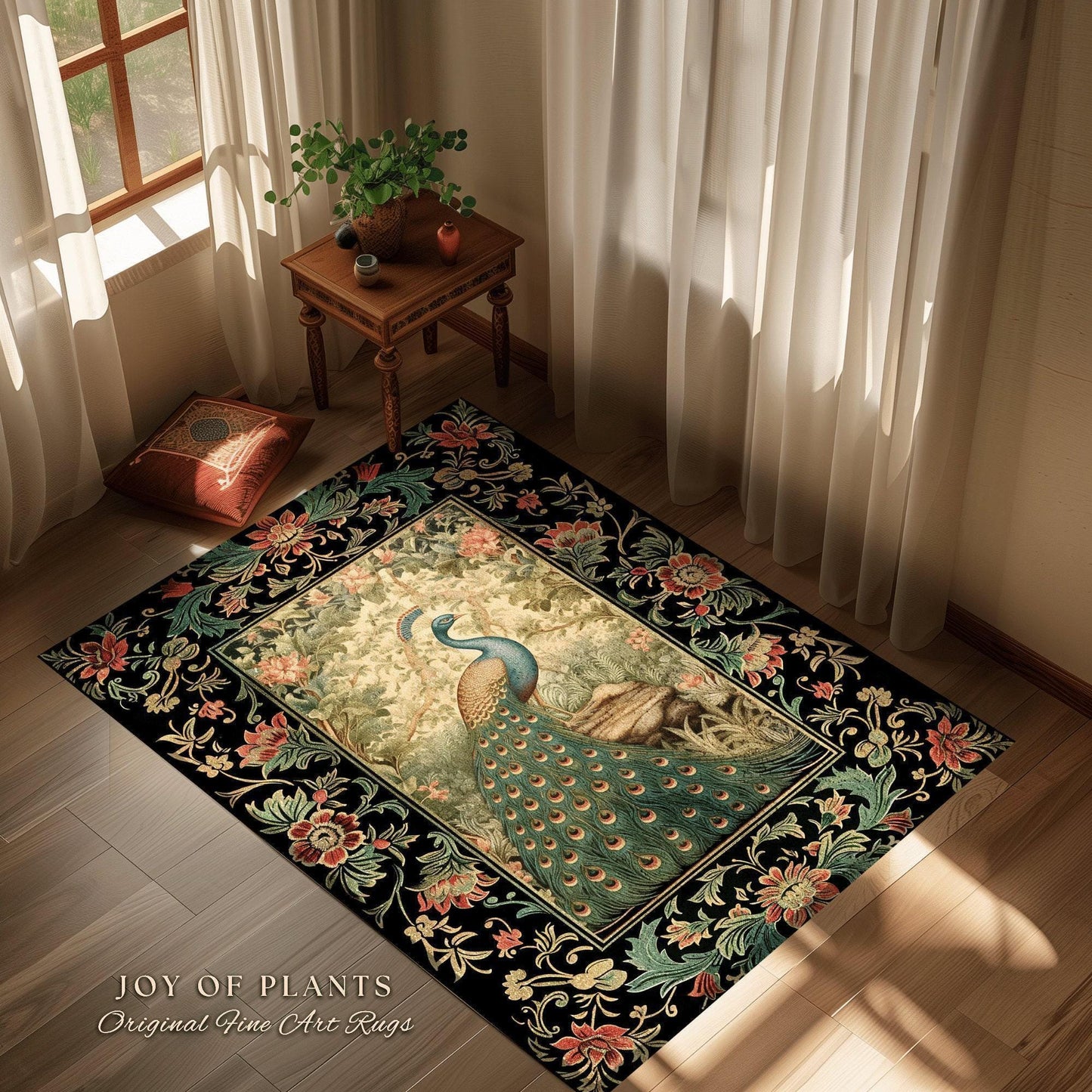Botanical Bedroom Decor Round Peacock Rug Morris Inspired Cottagecore Room Light Academia Style Mystical Bird Art | Maximalist Peacock Rug