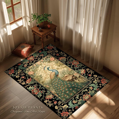 Botanical Bedroom Decor Round Peacock Rug Morris Inspired Cottagecore Room Light Academia Style Mystical Bird Art | Maximalist Peacock Rug