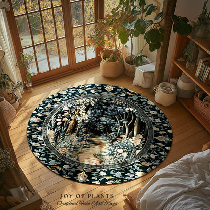 Dreamy Forest Landscape Botanical Area Rug | Misty Forest Dark Cottagecore Aesthetic Fairycore Book Nook Room Decor Magical Jungle Aesthetic