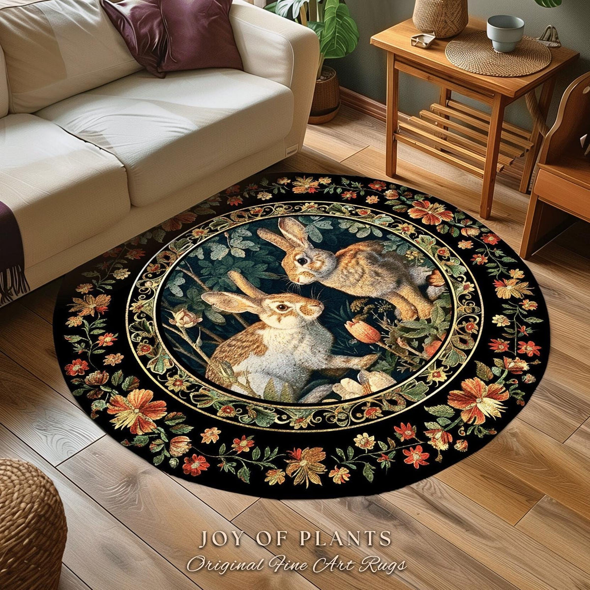 Botanical Bedroom Decor Round Rabbit Rug Morris Inspired Cottagecore Room Light Academia Style Forestcore | Cottagecore Bunnies Floral Rug
