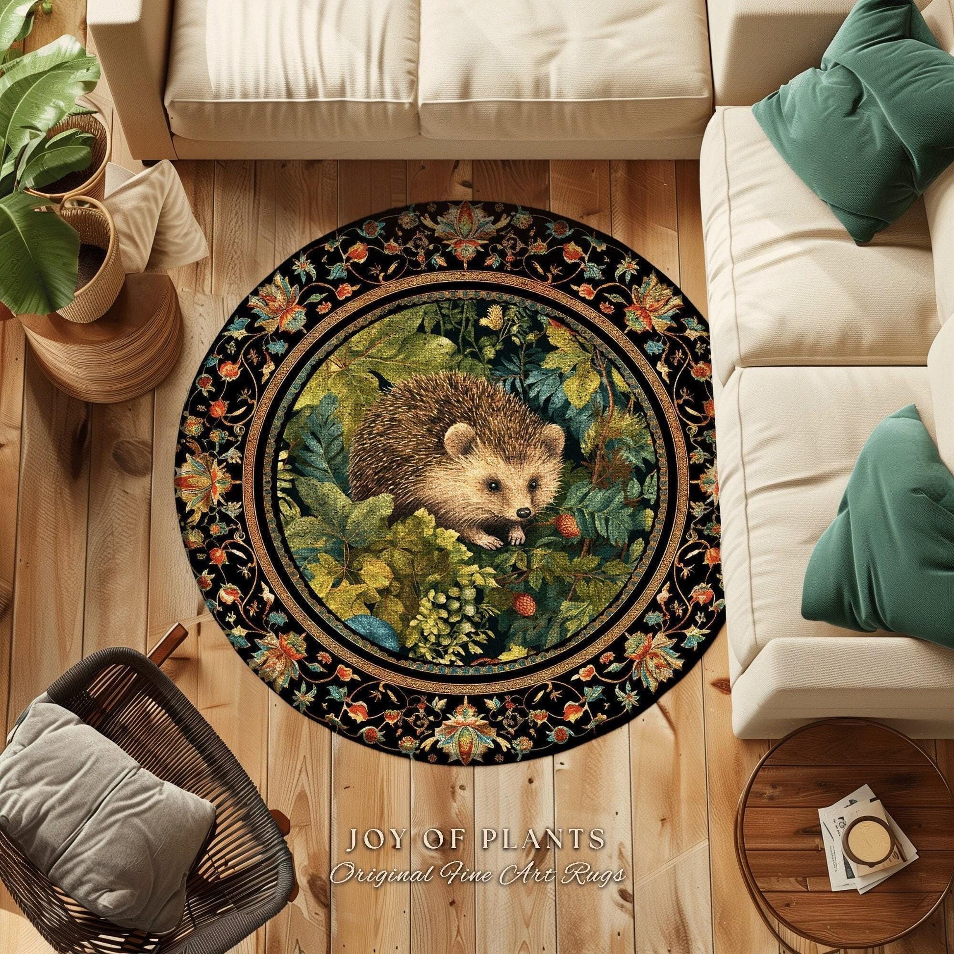 Forestcore Hedgehog Botanical Rug Woodland Gothic Decor | Dark Botanical Cottagecore Nature Lover Gift Rustic Fall Decor Forest Animal Rug