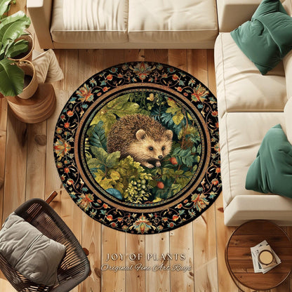 Forestcore Hedgehog Botanical Rug Woodland Gothic Decor | Dark Botanical Cottagecore Nature Lover Gift Rustic Fall Decor Forest Animal Rug