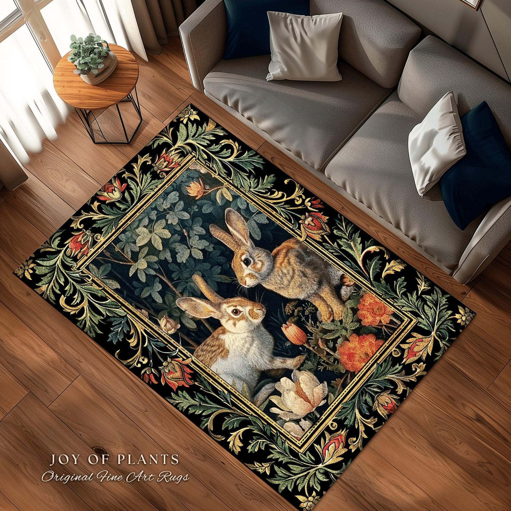 Botanical Bedroom Decor Round Rabbit Rug Morris Inspired Cottagecore Room Light Academia Style Forestcore | Cottagecore Bunnies Floral Rug