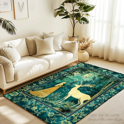 Mystic Animal Guardian Area Rug | Fairy Forest Ethereal Woods Folklore Accent Rug Enchanted Cottagecore Bedroom Carpet Magical Deer Spirit |
