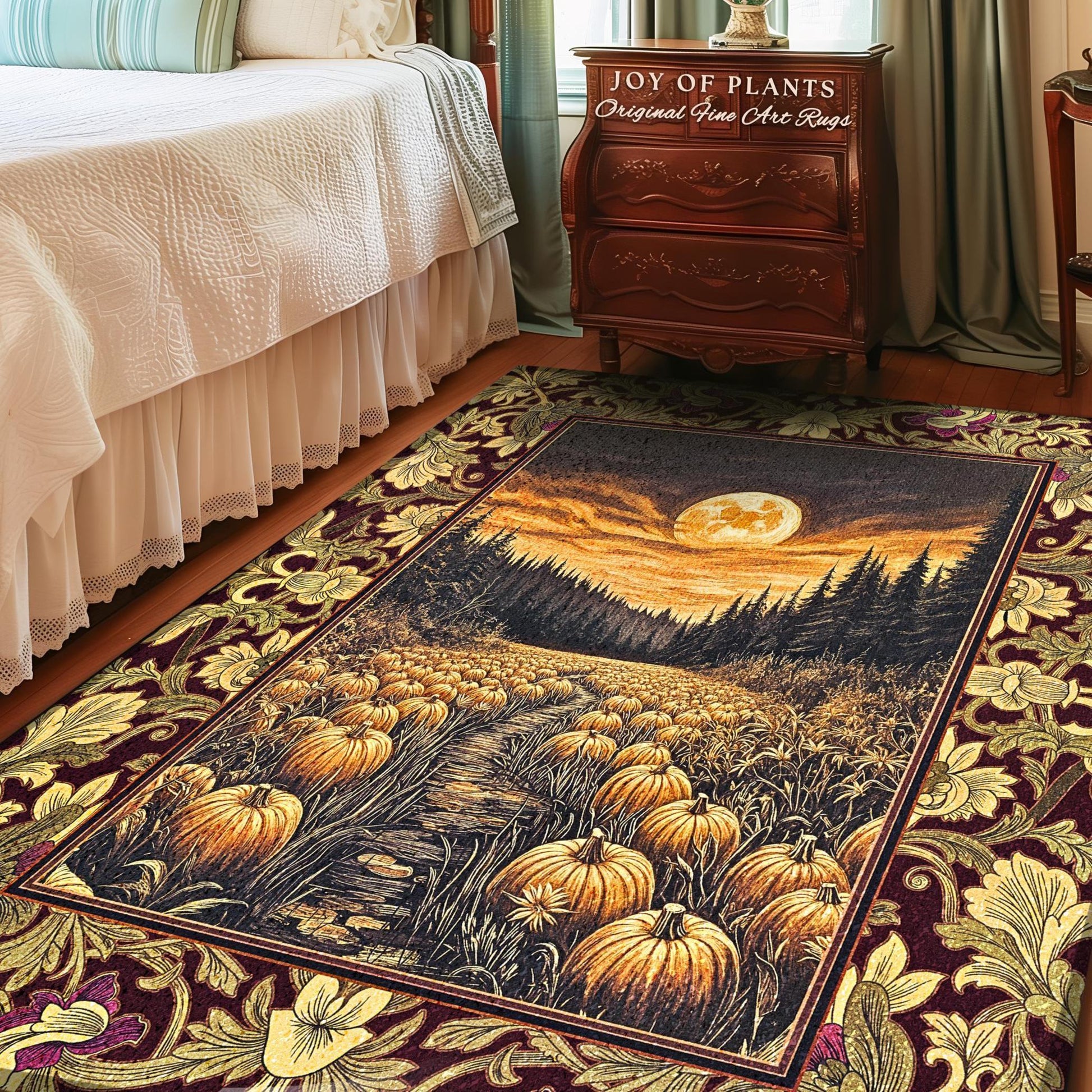 Autumn Night Sky Rustic Fall Rug | Cozy Spooky Pumpkin Vibes Midnight Landscape Decor Whimsigoth Aesthetics Dark Academia Accent Rug Witchy