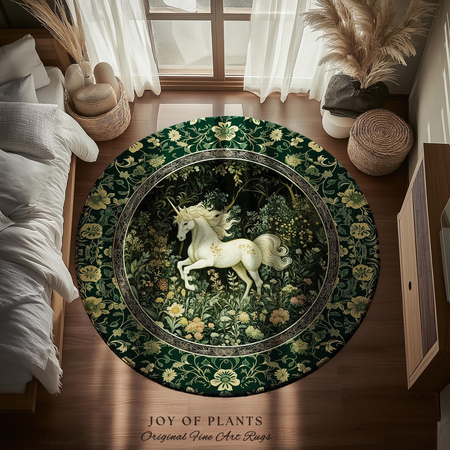 Earthy Ethereal Unicorn Bedroom Rug | Whimsical Nature Fairytale Magic Medieval Accent Rug Woodland Aesthetic Storybook Nostalgic Decor |