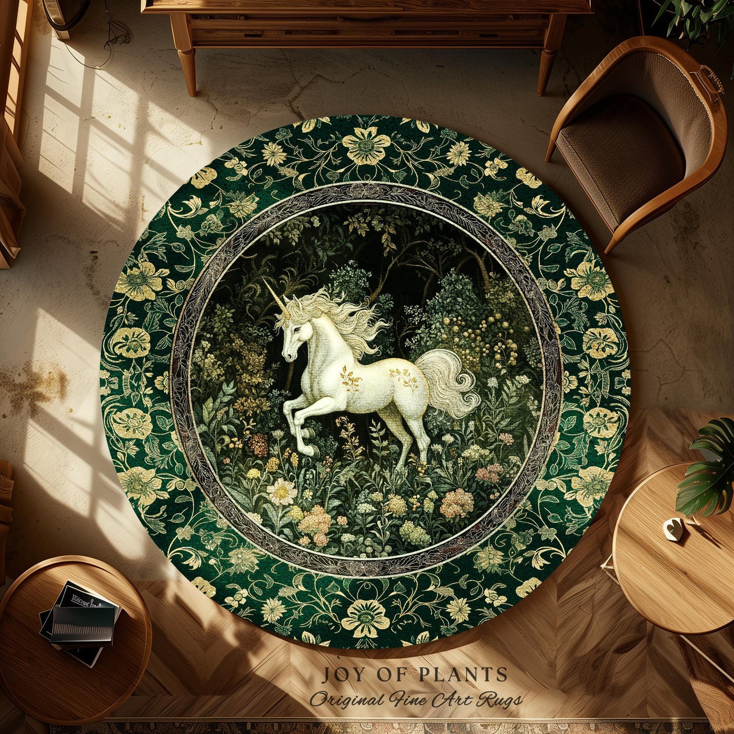 Earthy Ethereal Unicorn Bedroom Rug | Whimsical Nature Fairytale Magic Medieval Accent Rug Woodland Aesthetic Storybook Nostalgic Decor |