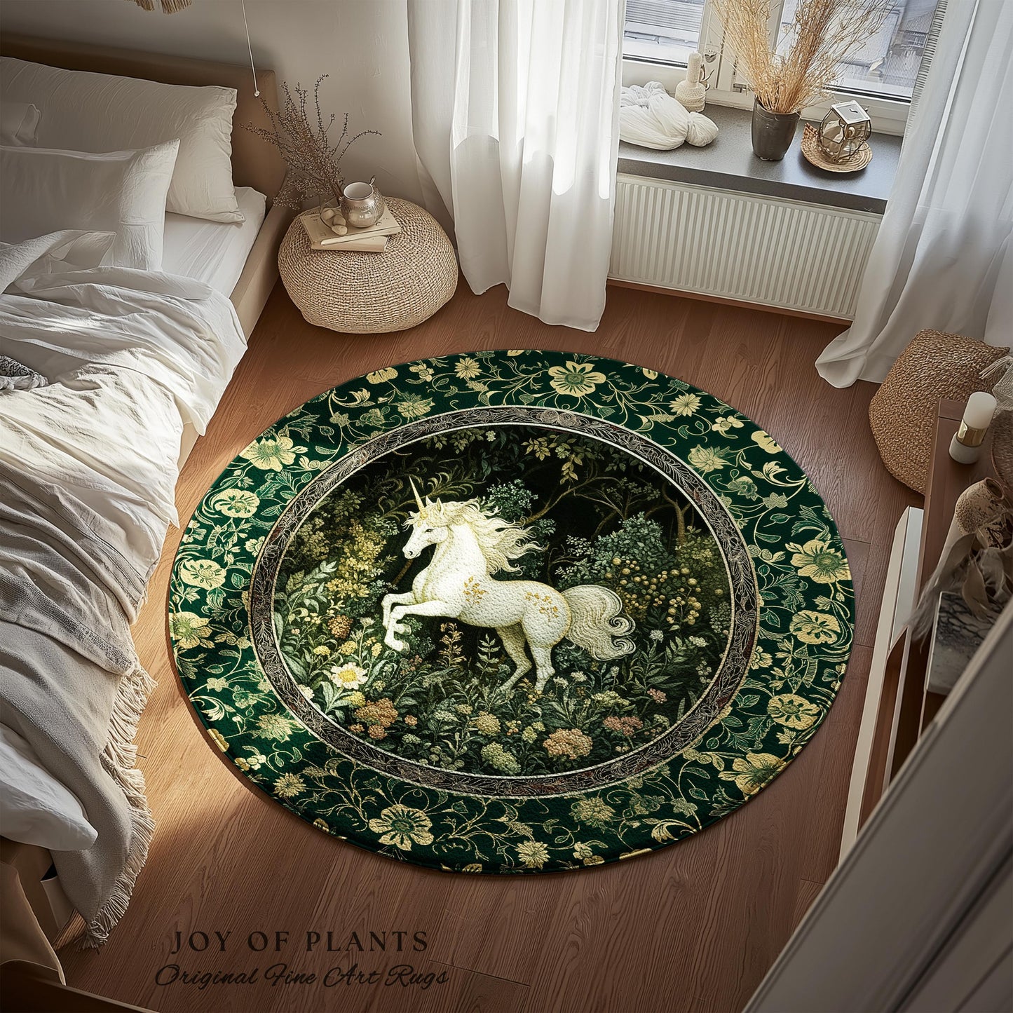 Earthy Ethereal Unicorn Bedroom Rug | Whimsical Nature Fairytale Magic Medieval Accent Rug Woodland Aesthetic Storybook Nostalgic Decor |