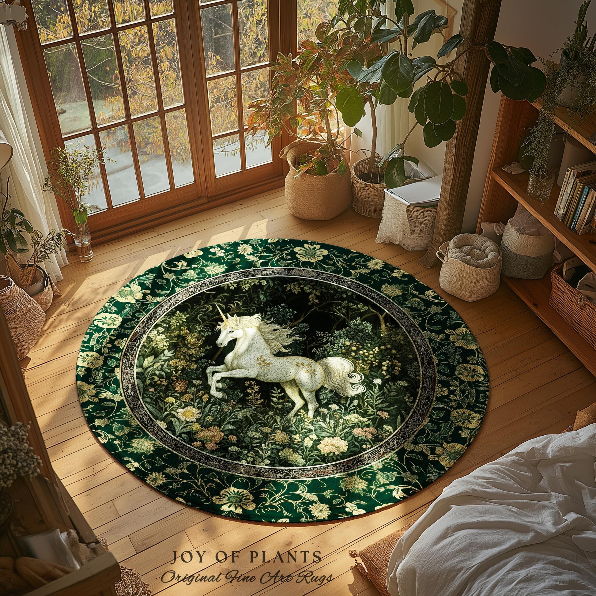 Earthy Ethereal Unicorn Bedroom Rug | Whimsical Nature Fairytale Magic Medieval Accent Rug Woodland Aesthetic Storybook Nostalgic Decor |