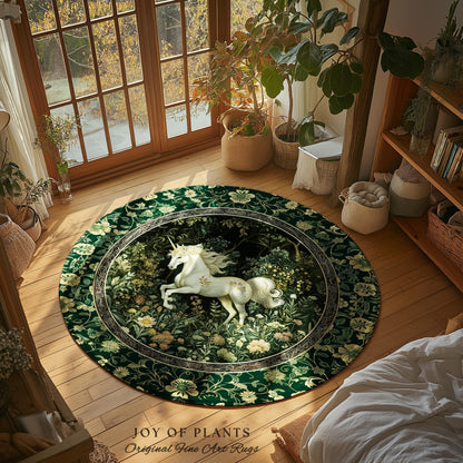 Earthy Ethereal Unicorn Bedroom Rug | Whimsical Nature Fairytale Magic Medieval Accent Rug Woodland Aesthetic Storybook Nostalgic Decor |