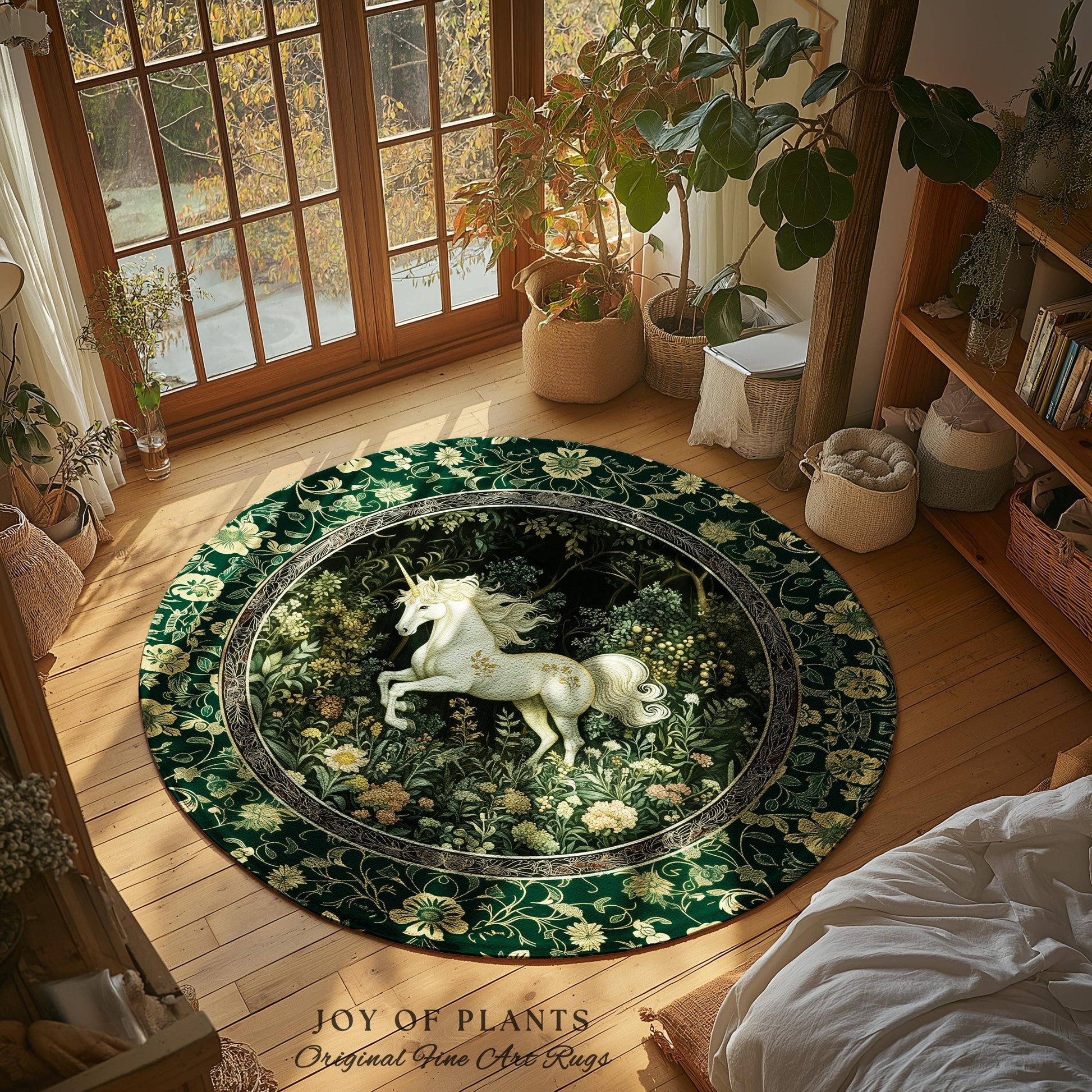 Earthy Ethereal Unicorn Bedroom Rug | Whimsical Nature Fairytale Magic Medieval Accent Rug Woodland Aesthetic Storybook Nostalgic Decor |